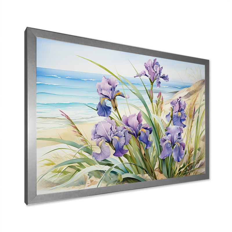 Iris mauves sur la plage, impression sur toile, H 30 po x l 40 po x P 1,5 po, Cadre simple argenté