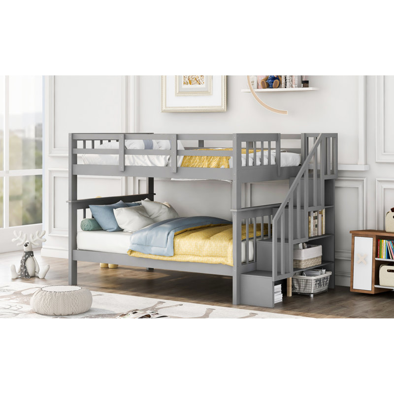 Gray Stairway Bunk Bed With Storage & Guard Rail. Bedroom, Dorm Furniture. Solid Wood Build. Ample Space. Safe Access. Versatile Use. No Box Spring. 250/300Lbs Capacity. 95.65"L X 58.07"W 63.1"H.