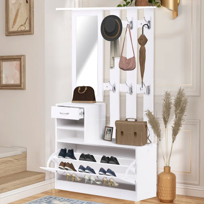 Hall Tree 35.4'' Wide with Shoe Storage and Mirror, White