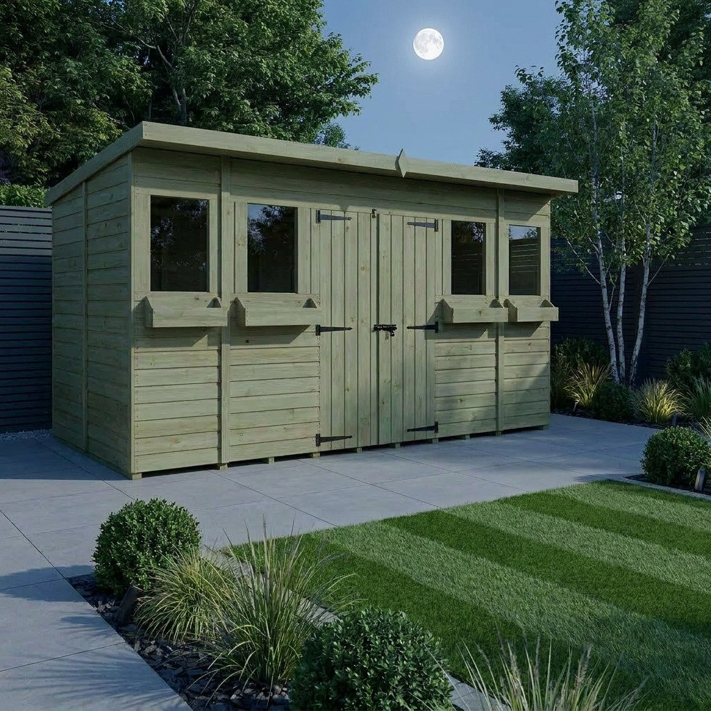 Total Sheds 14ft x 8ft Pent Summer Shed - Toughened Glass External Planters - Pressure Treated Timber - UK Manufactured