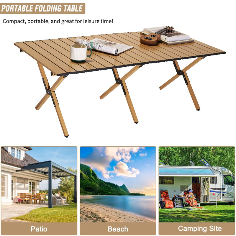 Portable Roll-Top Camping Table, 47.3" x 23.2" x 17.7" Rectangle Picnic Folding Table with Carry Bag