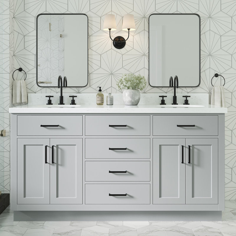 Meuble-lavabo double en bois massif 66 po avec plateau en quartz Carrara de 1,5 po Thornaby, Ovale, Gris / noir mat