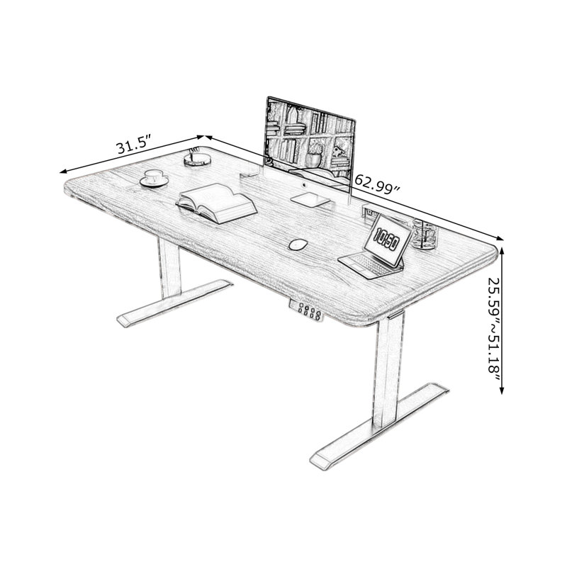 Nut-Brown Rectangular Hight adjustable Solid Wood desk, 51.18" H x 62.99" W x 31.5" D