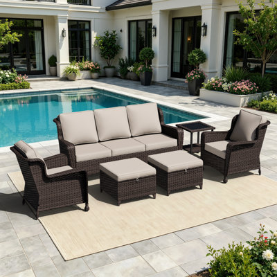 5-Person Patio PE Wicker Furniture Set with Side Table, 3-Seat Sofa, 2 Armchairs and 2 Ottomans with Beige Cushions