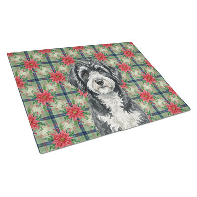 Portuguese Water Dog Christmas PoinsettIas Glass Cutting Board