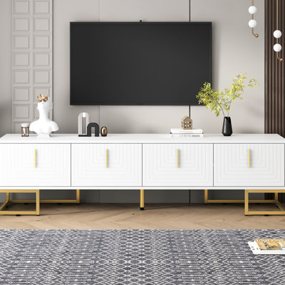 Tv Stand For 80'' Tvs With Metal Legs And Gold Handles, White Cabinet Adjustable Shelves Geometric Lines Cabinets Patterns Designs Console