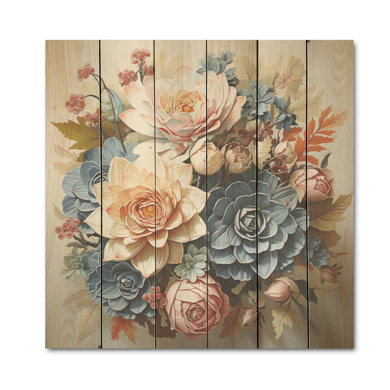 «Succulent Bouquet Still Life», art sur bois de pin naturel, H 25 po x l 25 po