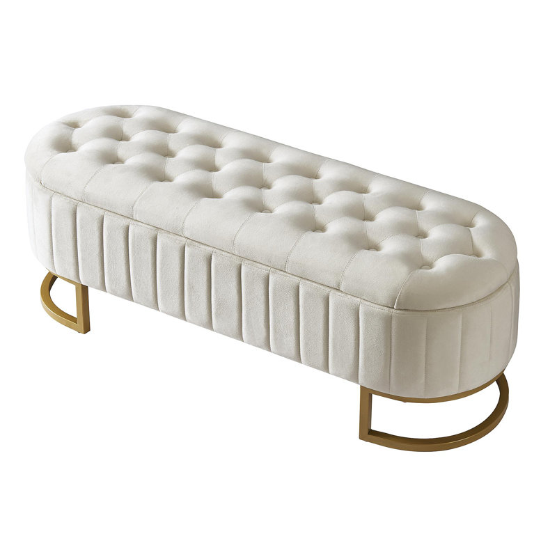 Elegant Upholstered Velvet Storage Ottoman With Button-Tufted,Storage Bench With Metal Legs For Bedroom,Living Room,Fully Assembled Except Legs,Beige
