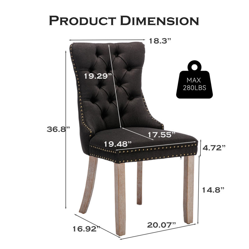Chaise de salle à manger en velours avec anneau à dossier et pieds en bois massif, 2, Noir, Bois naturel