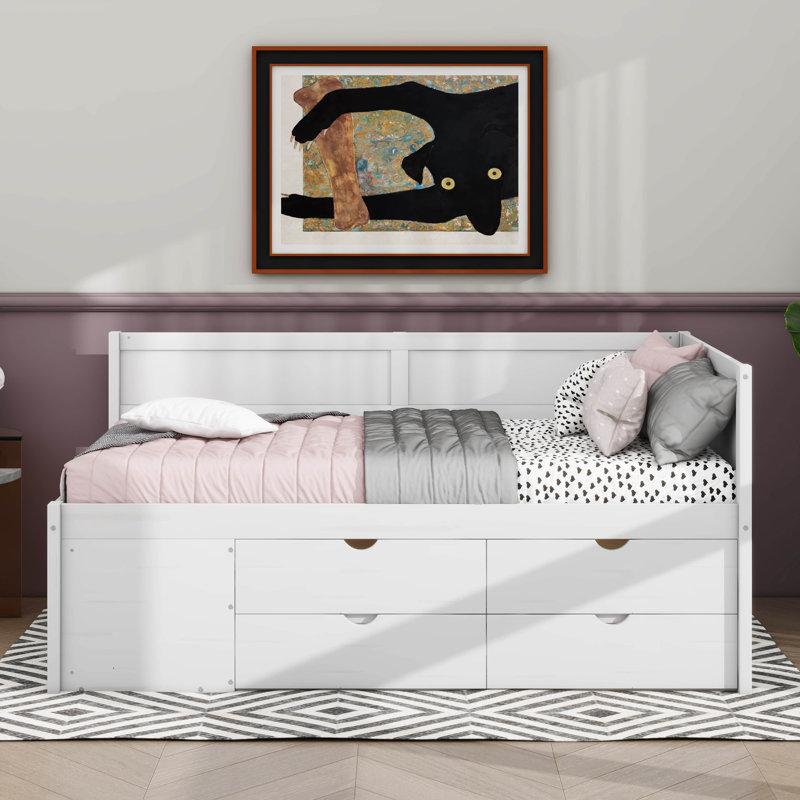 Elsi 4 Drawers Corner Daybed with Storage Shelves, White, Twin