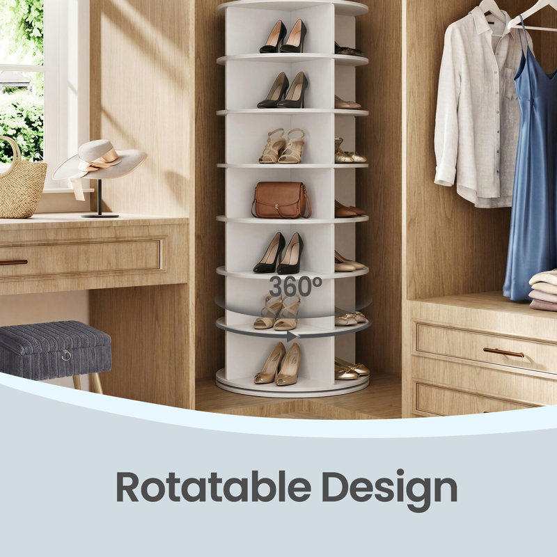 7-Tier 28 Pairs Spinning Shoe Rack Tower, Rotating Shoe Organizer, White