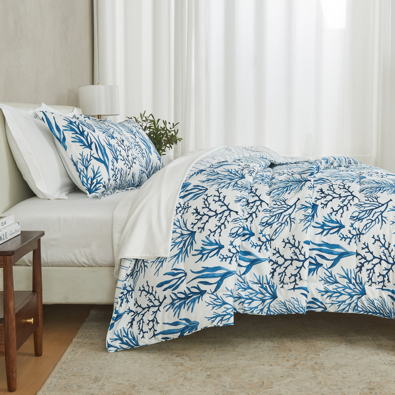 Twin Navy Sea Coral Print Reversible Microfiber Comforter Set
