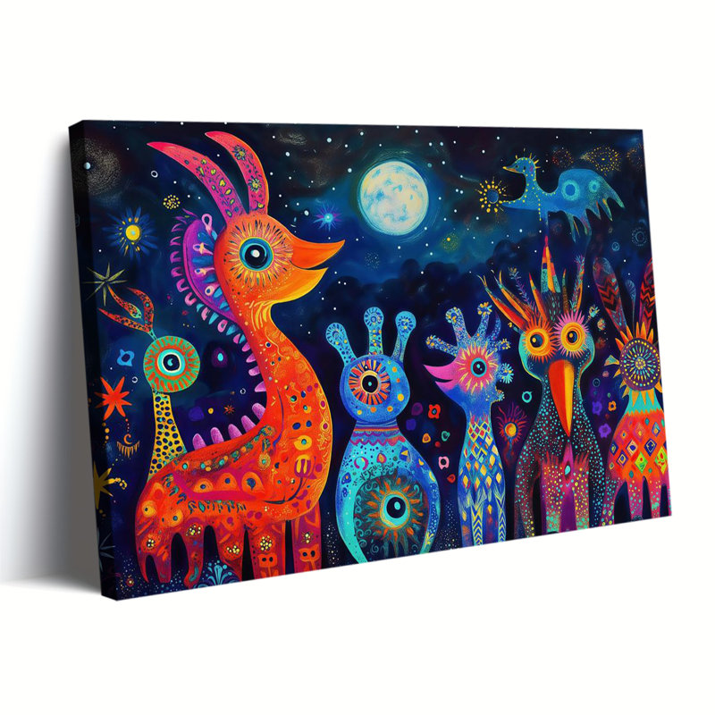 Toile imprimée « Alebrijes d'Oaxaca dans la nuit », art populaire mexicain, décoration murale, scène nocturne vibrante d'alebrijes, art d'Oaxaca, prête à accrocher