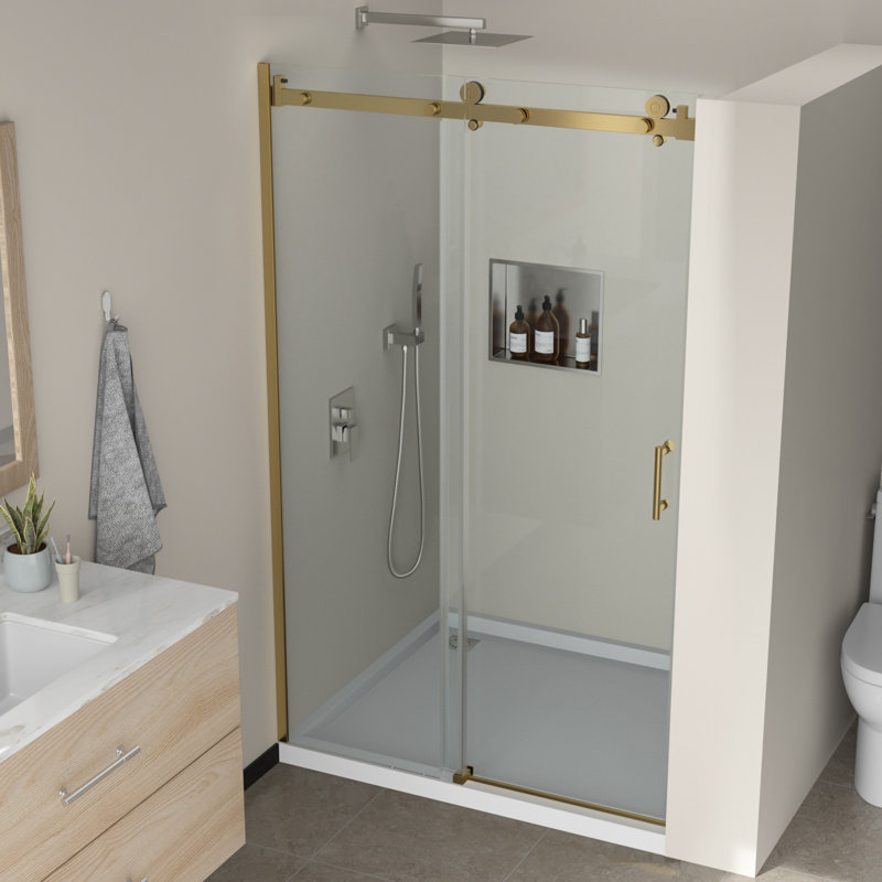 48" W x 76" H Single Sliding Frameless Shower Door with Clear Tempered Glass, Stainless Steel Hardware, Reversible Installation, Walk-In Shower Door Enclosure