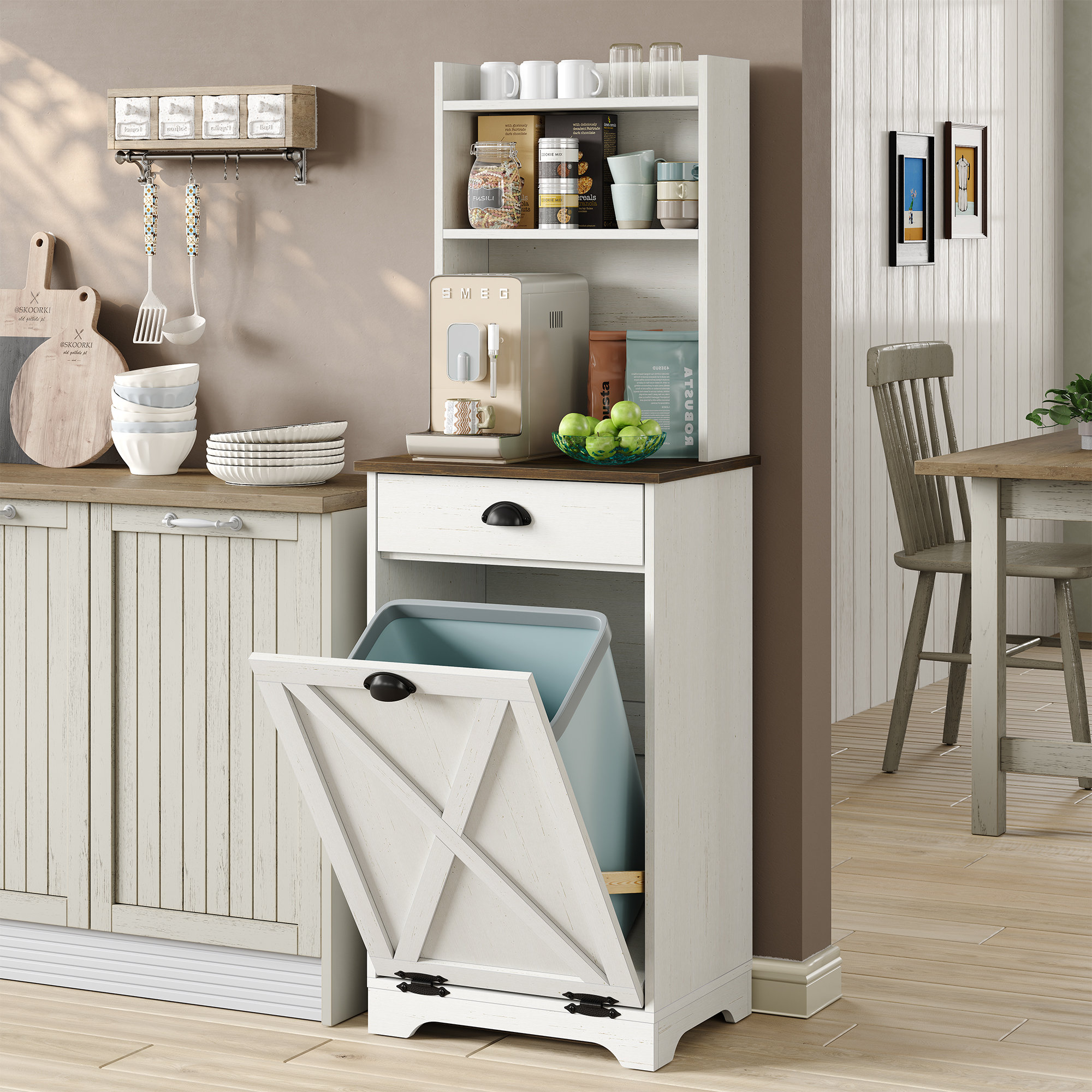 Ebern Designs 57"H Small Kitchen Pantry with Tilt Out Trash Can Cabinet ...