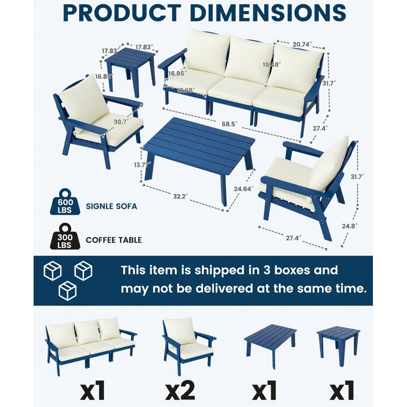 Ensemble de conversation pour patio 7 pièces avec coussins Hdpe, White, Blue