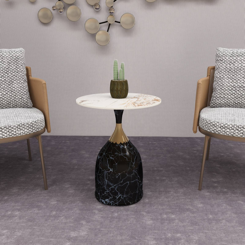 Muyi Round End Table With Sintered Stone/Stainless Steel Top With Bell-Shaped Pedestal Base And Gold Neck Accent For Modern Home, Living Room, Bedroom