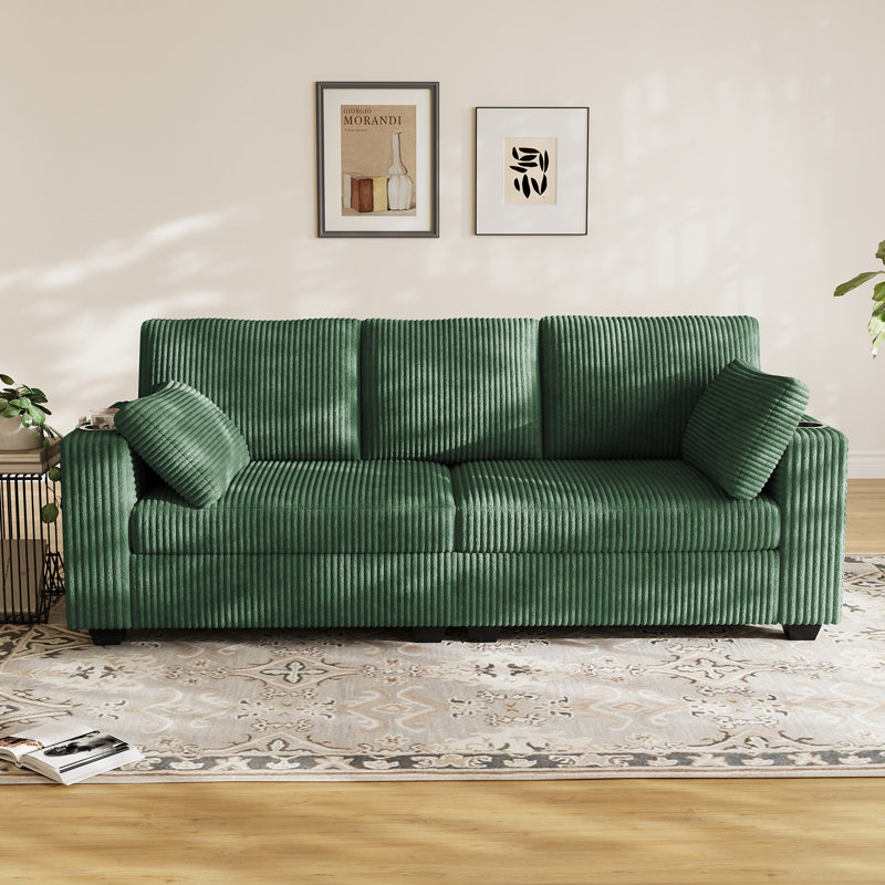 82"W Corduroy Sofa with Cup Holders, Storage Pockets and USB Ports  - Green Couch, Green
