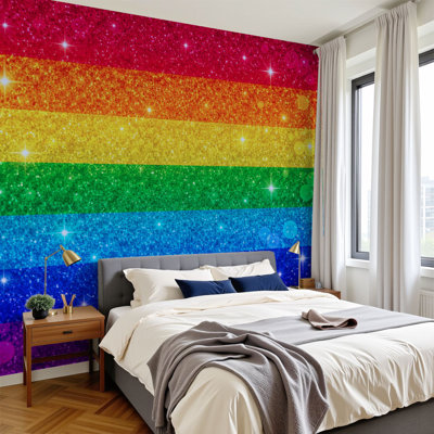 Peel and Stick Wallpaper 144" W x 100" H Modern Self Adhesive Wall Mural for Bedroom Sparkling Glitter Rainbow Horizontal Stripes
