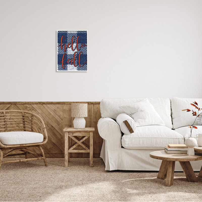 «Hello Fall Greeting Bold Typographie Checker Blue Plaid» par Daphne Polselli - Art textuel, Cadre blanc, H 20 po x l 16 po