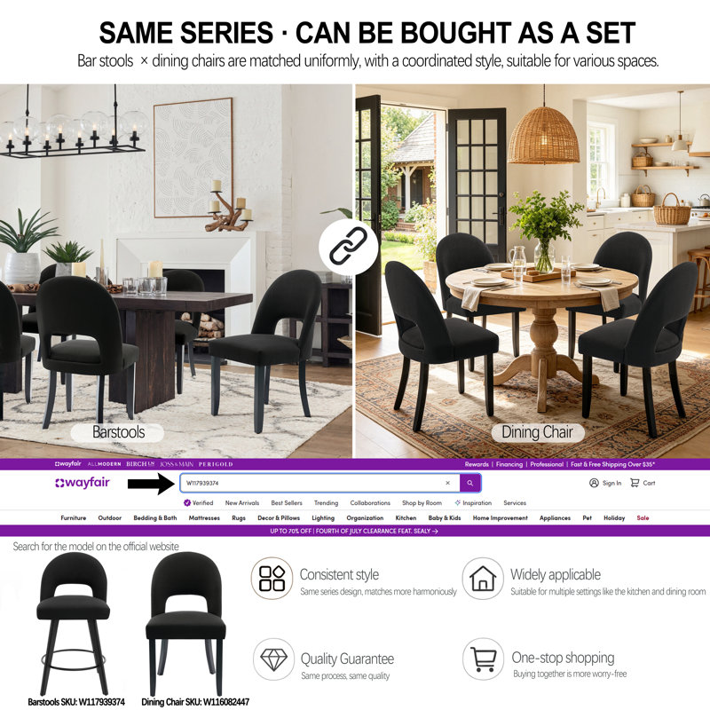 Linen Upholstered Dining Chairs with Curved High Back and Solid Wood Legs, 6, Black/Black