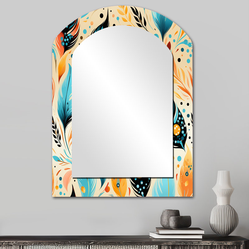 Plume de bohème éclectique jaune et bleu - miroir décoratif asymétrique bohème, miroir mural bohème, 34 po x 25 po