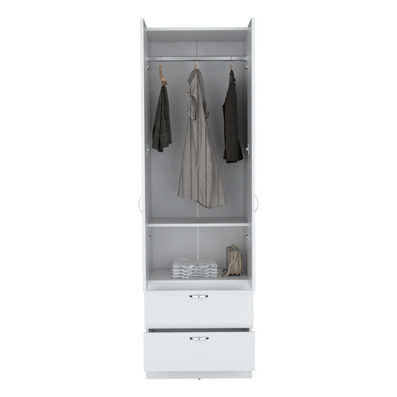 Armoire penderie 76 po avec porte à 2 tiroirs et barre de suspension, Blanc