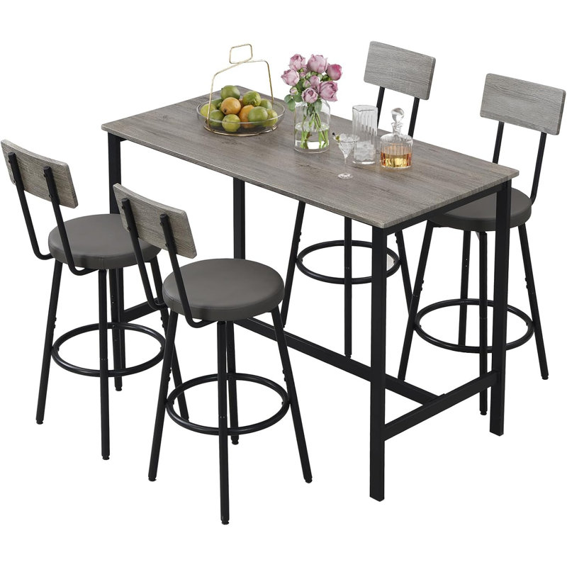 5 Piece Bar Table Set with 4 Bar Stools PU Soft Seat and Sturdy Metal Frame, Grey, Gray/Black