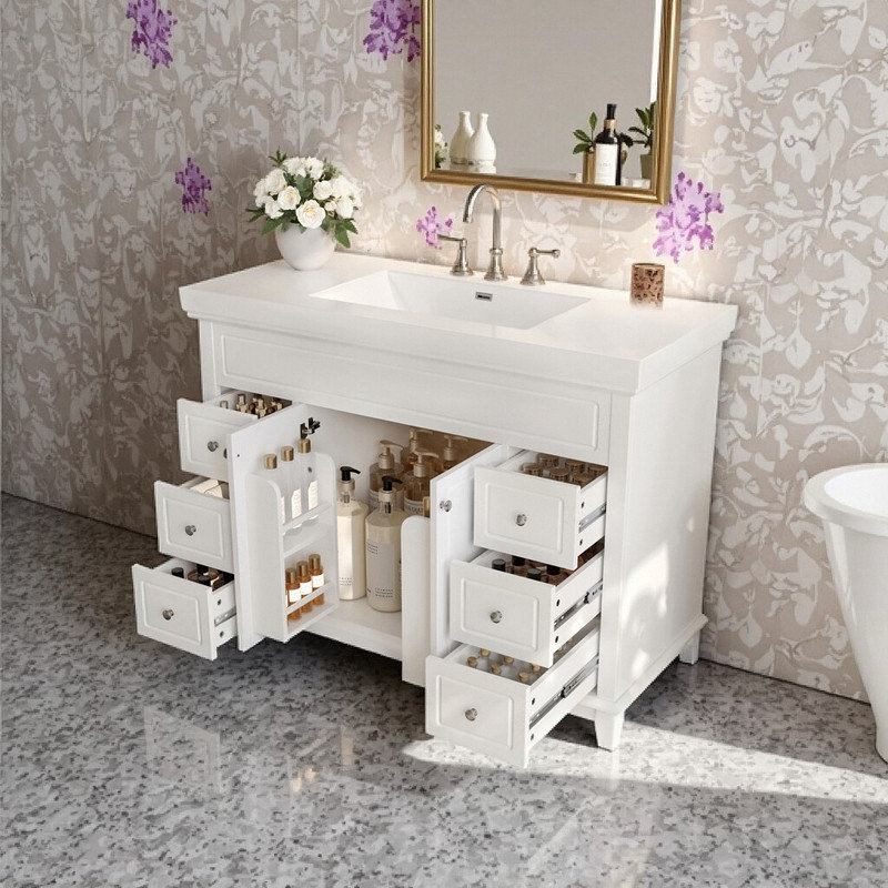 Meuble-lavabo 48 po avec lavabo en résine, pieds en pin massif, 6 tiroirs à fermeture douce et rangement pour porte double