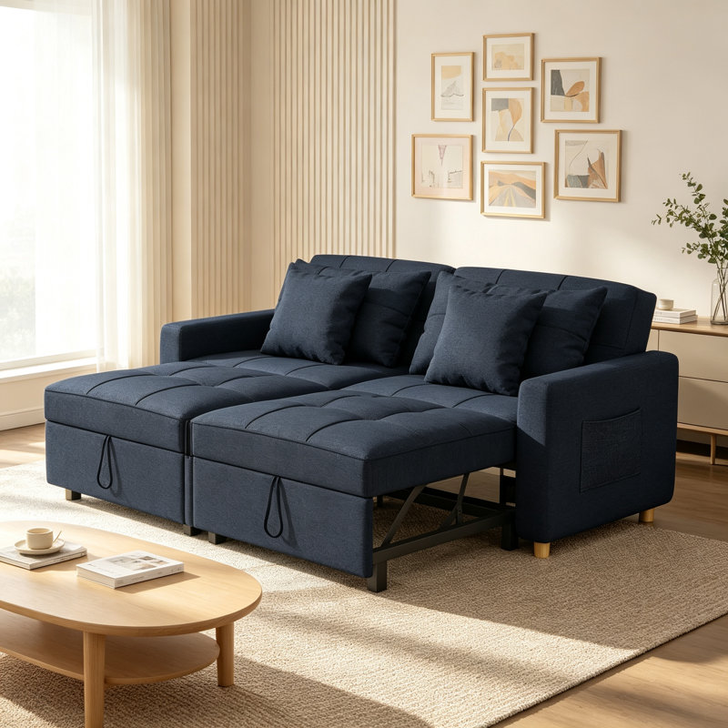 2 Seater Linen Sofa Bed, Navy
