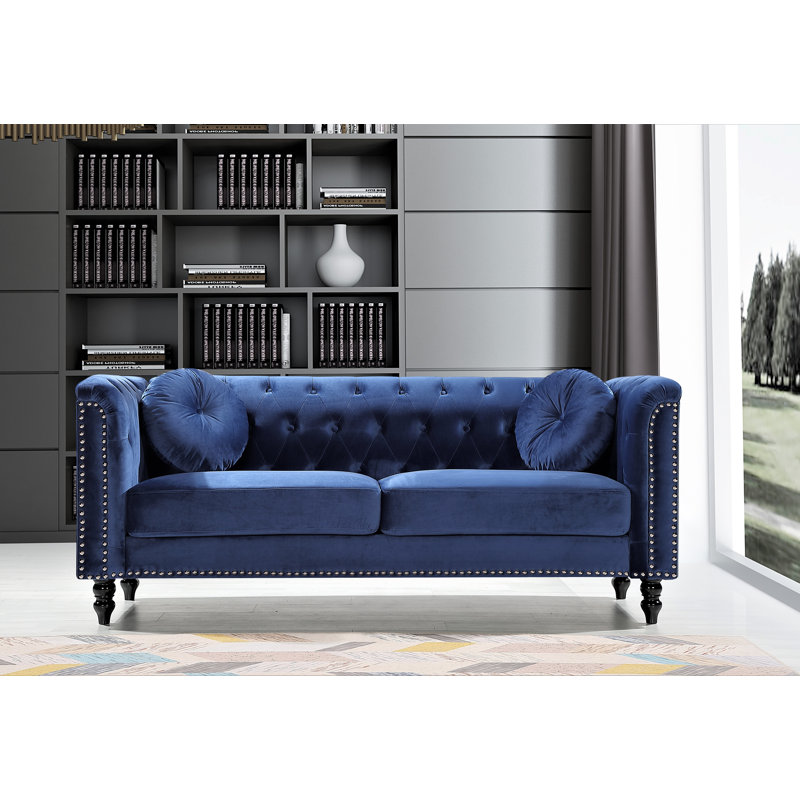 Canapé Chesterfield 76 po, Velours bleu foncé