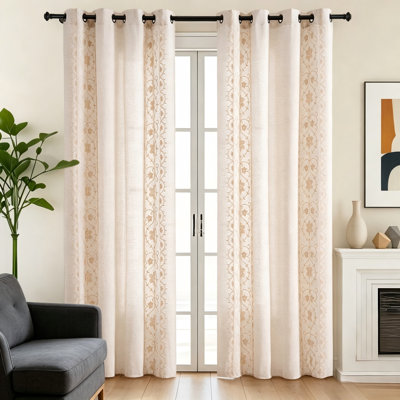 Beige Boho Linen Curtains for Living Room, Ivory Vintage Floral Embroidered Drapes, Light Filtering Grommet, 84 Inch, 2 Panels