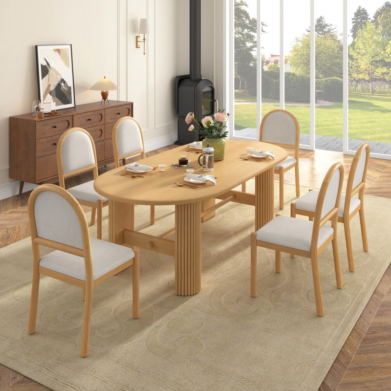 Ensemble de salle à manger ovale Tavira 7 pièces en bois d'hévéa avec chaises rembourrées et piètement cannelé, Naturel