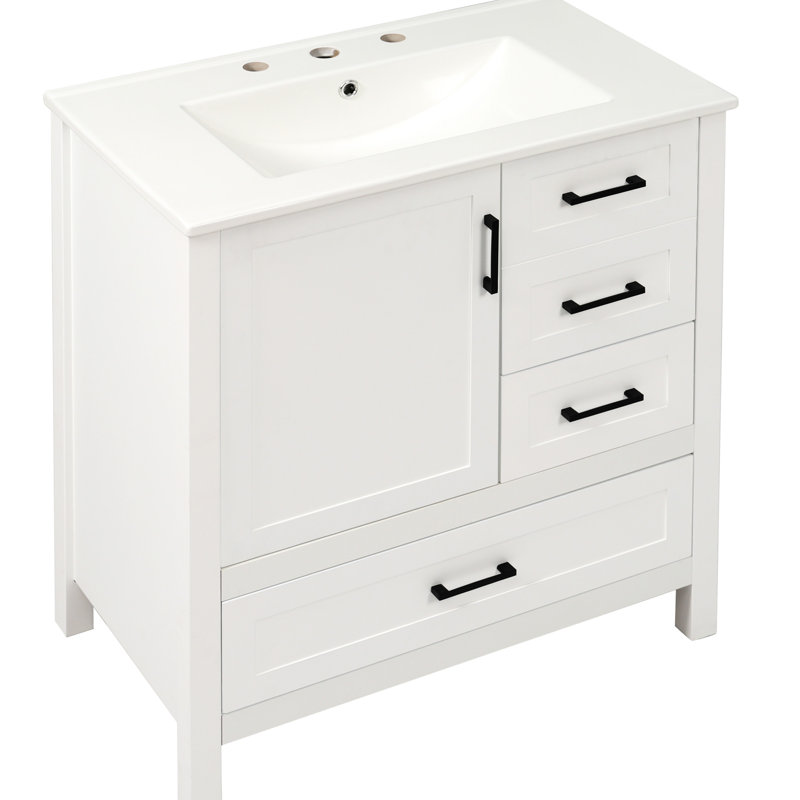 Meuble-lavabo blanc de 30 pouces avec lavabo, porte à fermeture en douceur et plateau amovible - Conception compacte pour un maximum d'espace, protection contre les débordements, fabrication, tiroir de rangement intelligent, style moderne