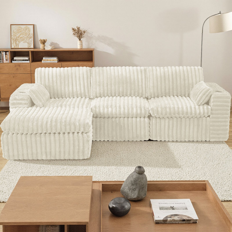 Canapé modulaire rembourré en chenille nervuré avec repose-pieds, canapé compressé 3 places à profil bas, mousse haute densité, aucun assemblage requis pour les petits espaces, salon