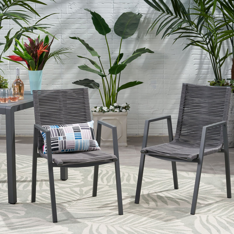 Outdoor Modern Aluminum Dining Chair With Rope Seat (Set Of 2), Dark Gray