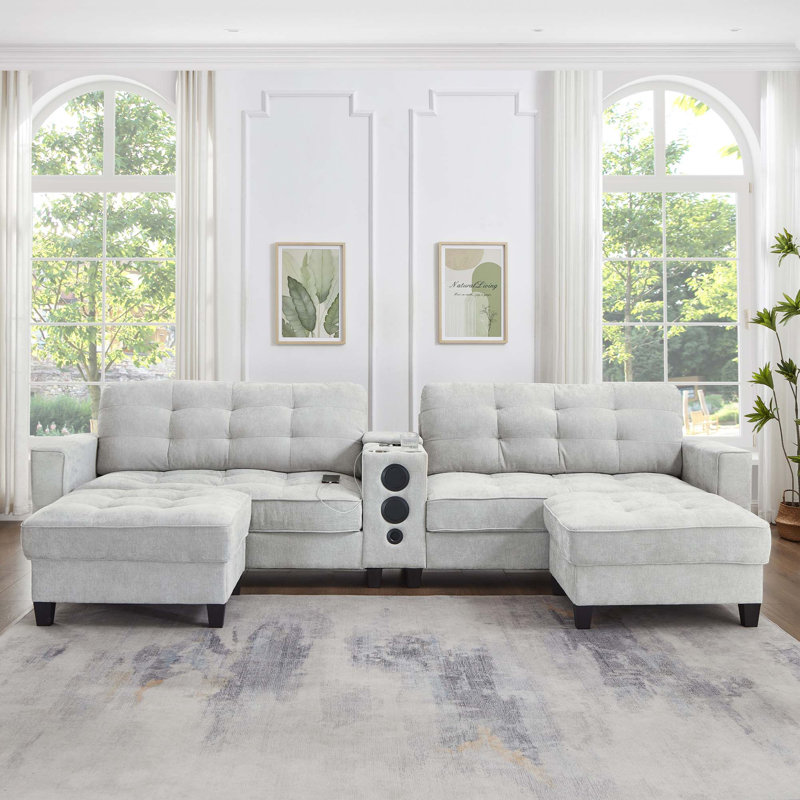 Modern Sectional Sofa with Multi-Functional Console and Bluetooth Speakers, Light Gray