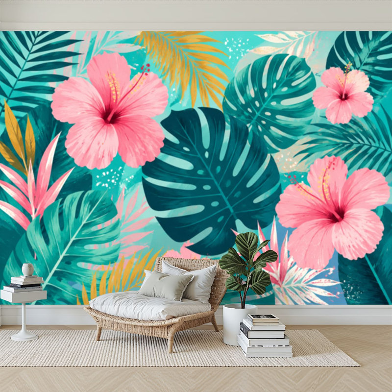Papier peint adhésif auto-adhésif moderne pour la chambre à coucher avec fleurs tropicales Mid-Century