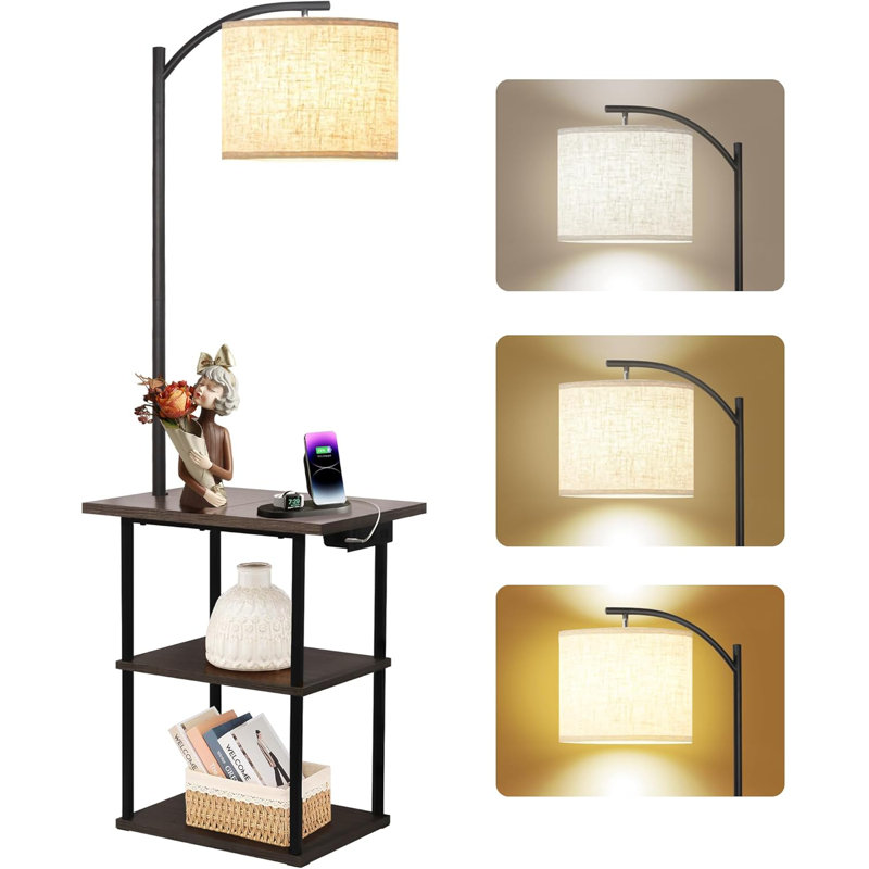 Lampe sur pied avec table, tables de bout avec station de charge, Brun