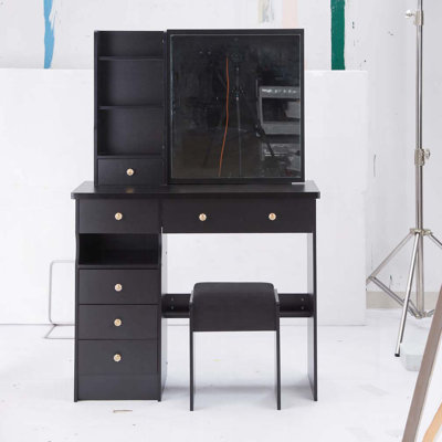Meuble-lavabo de 37 po de taille moyenne avec tiroir de gauche et tabouret rembourré, très grand miroir coulissant à droite, rangement multi-couches à grande capacité, commode pratique et pratique, convient aux grands espaces