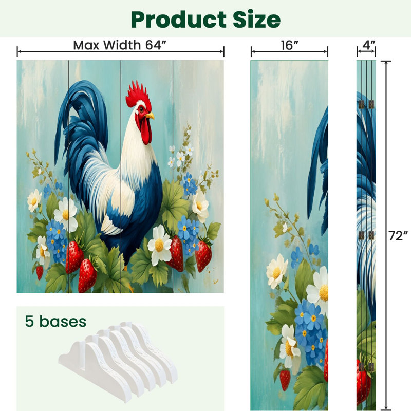 Paravent rustique à 4 panneaux avec paravent et coq de fleurs colorées Royal, 4, H 71 po x l 64 po x P 1 po