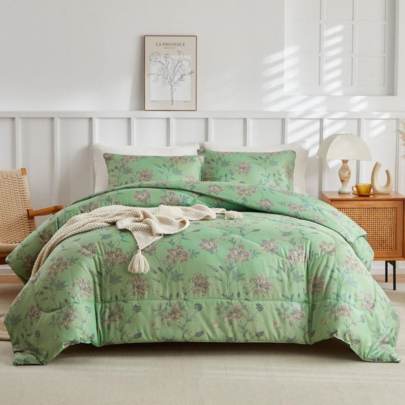 Microfiber Floral Print Comforter Set, Full Comforter + 2 Pillowcases