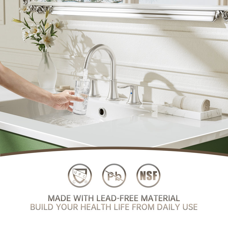 8 Inch Brushed Nickel Widespread Bathroom Faucet - Pull-Out Sprayer, Metal Pop-Up Drain, Water Supply Lines, 2 Handles For 3-Hole Sinks