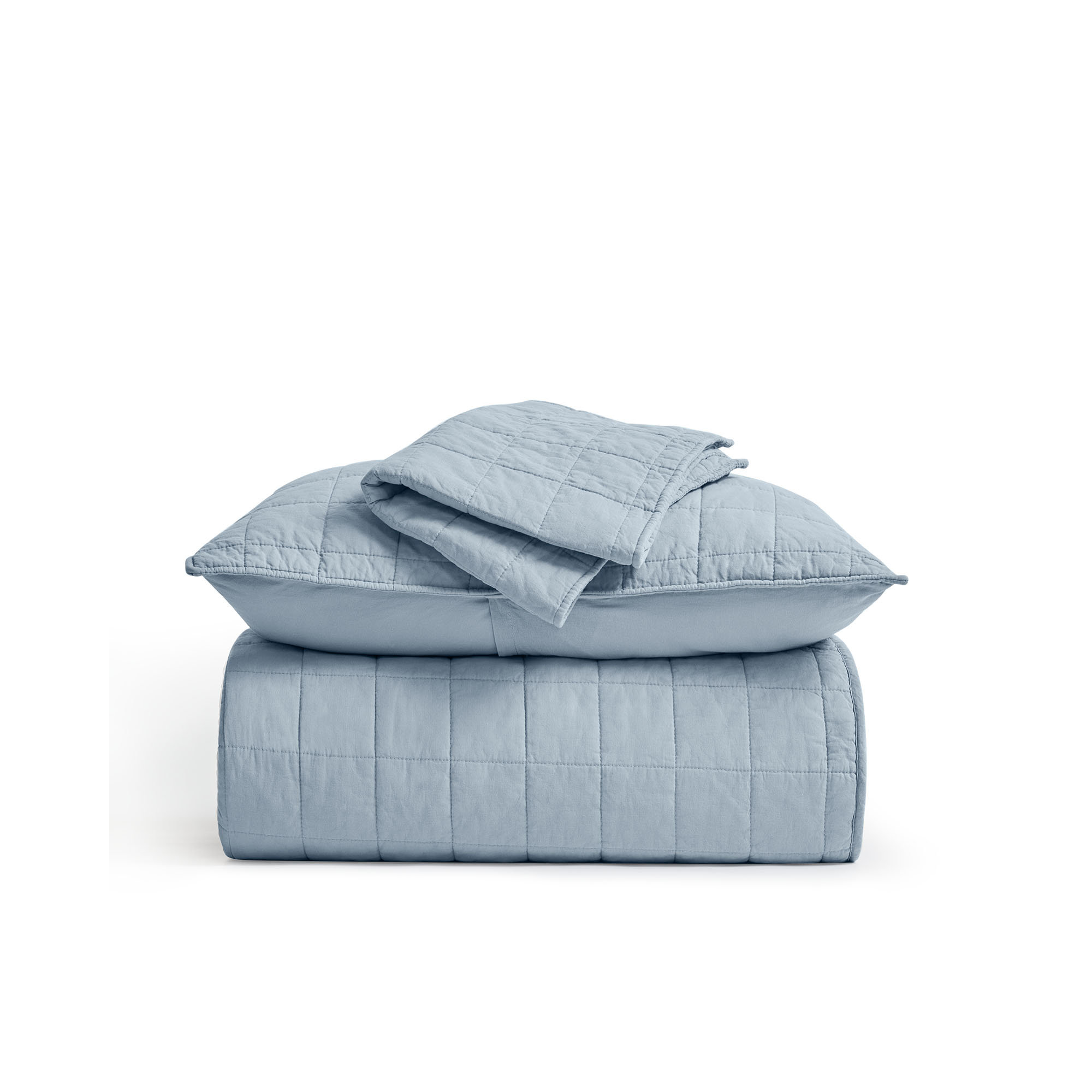 100% Cotton Box Stitch Quilt Set, King Quilt + 2 King Shams, Blue Linen