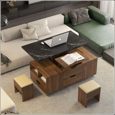 Table basse relevable moderne avec 2 tabourets pour le salon, rangement dissimulé et tiroirs, table de salle à manger pliante et peu encombrante