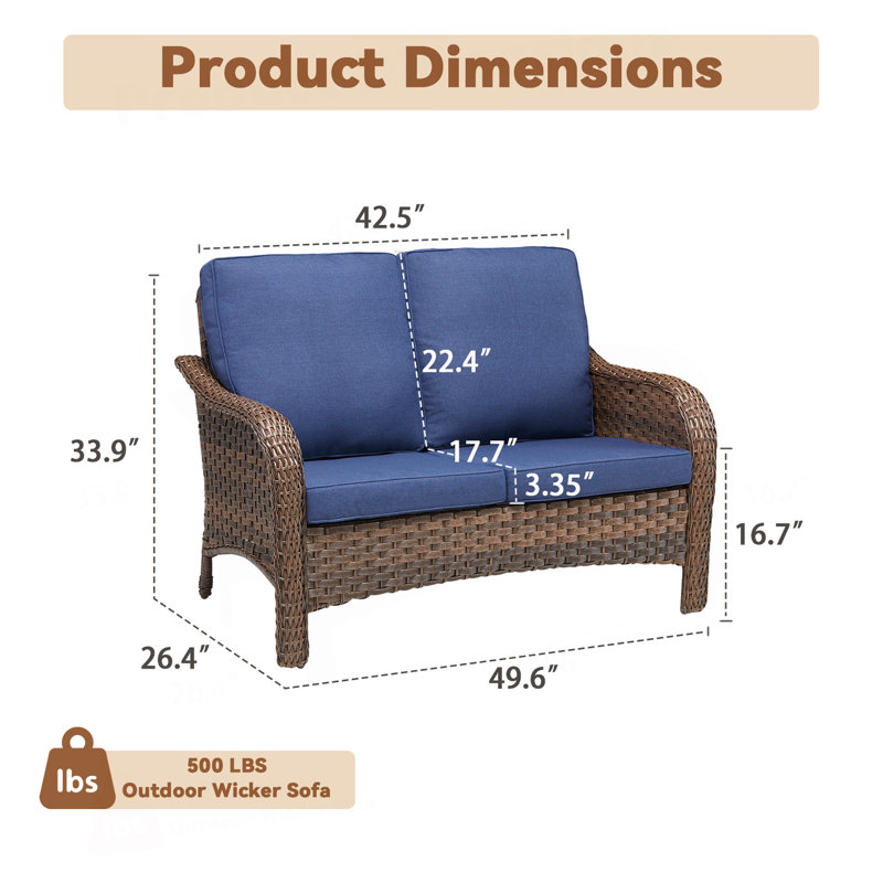 Causeuse de patio en osier 49,6 po avec causeuse bleue, Blue