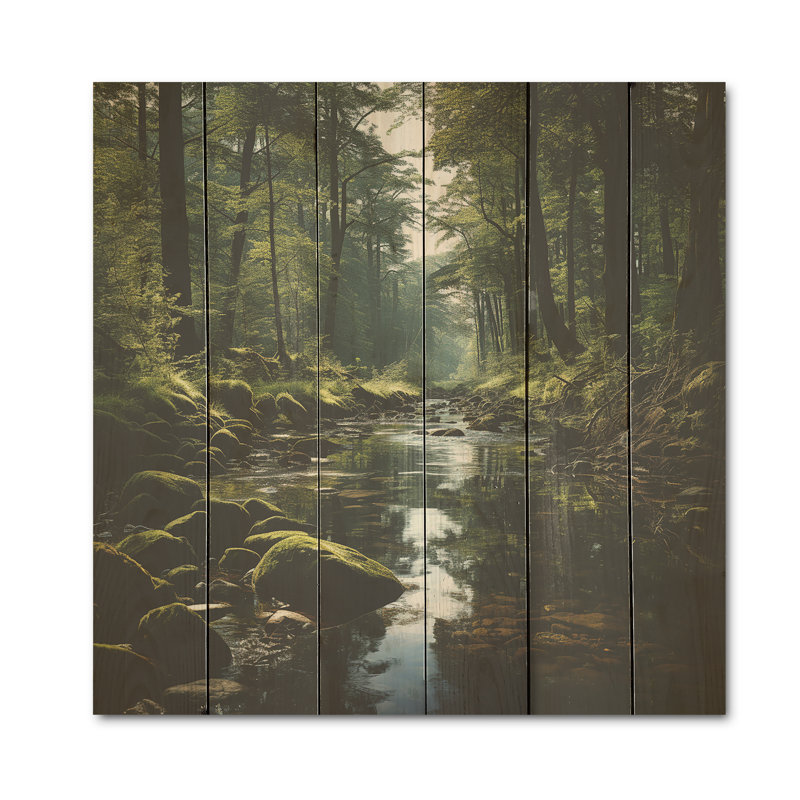 Rivière, forêt, trésor caché, paysage IV - forêt, art sur bois de pin naturel, H 25 po x l 25 po