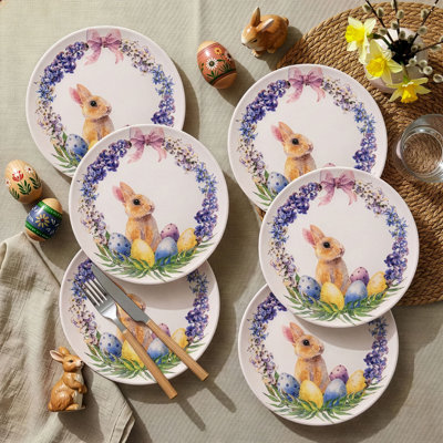 Elegant Easter Service Plate Set (6 Pieces), 100% Ceramic, 10.0 x 10.0 x 1.0 inches | Dishwasher & Microwave Safe | Perfect for Holiday Gatherings & Festive Celebrations, Durable and Stylish Design for Every Table Setting