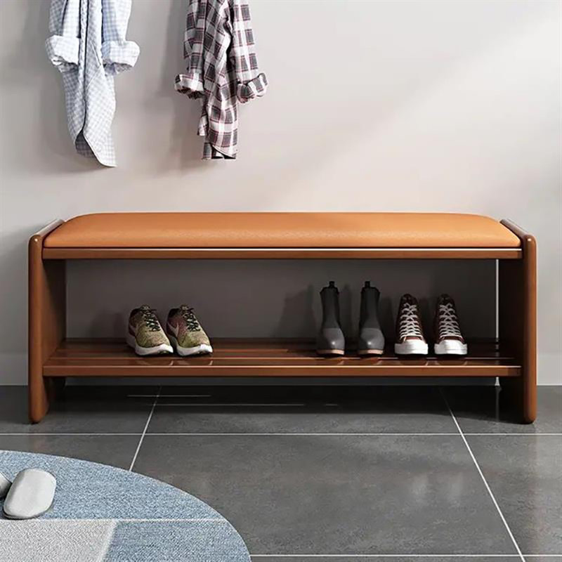 35.4in Shoe Change Stool Shoe Storage Bench, Orange/Dark Walnut