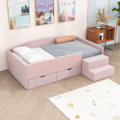 2 Drawers Upholstered Daybed Frame with Wooden Slats Support
